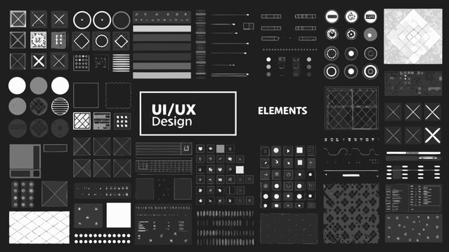 Collection of user interface elements and geometric shapes flat vector icons on a dark background design components graphics