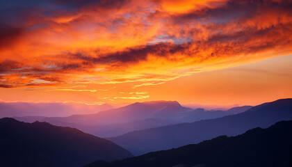 Obraz premium Fiery Sunset Cloudscape Over Mountains Nature Backdrop