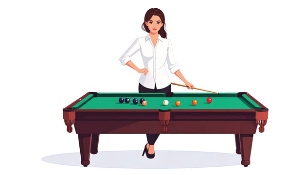 Woman Playing Pool with Cue Stick.
