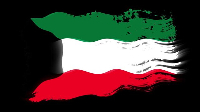 Waving torn Kuwait flag grunge brush burn light leaks, transparent background alpha channel loop full HD