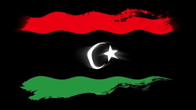 Waving torn Libya flag grunge brush burn light leaks, transparent background alpha channel loop full HD