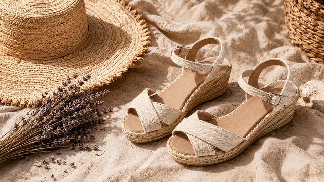 Canvas wedge espadrille sandals with woven jute rope soles resting next to a straw sun hat on textured linen
