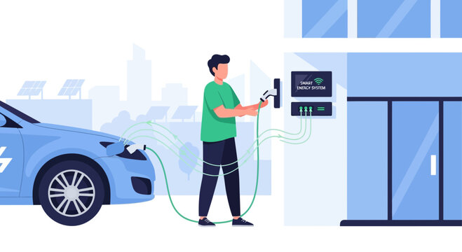 Electric car charging station, man plugging in vehicle at building