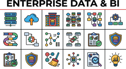 Fototapeta premium Enterprise data and business intelligence vector icon set featuring cloud server storage analytics workflow pipeline security architecture concepts