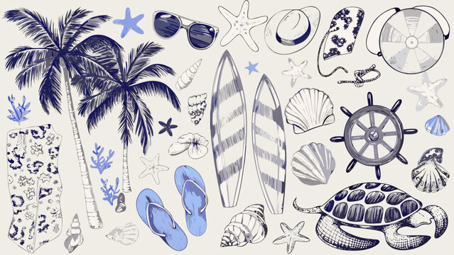 Nautical Illustration Set Featuring Palm Trees Surfboards Seashells And Marine Life In Blue Tones beachcombing blue toned coastal collection
