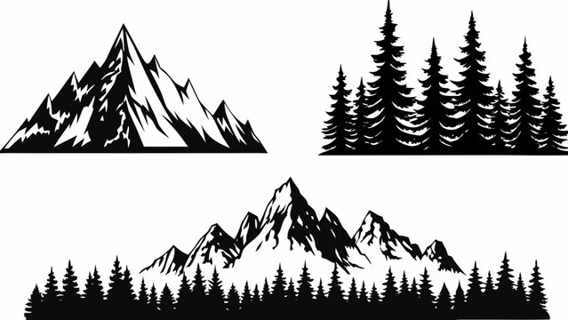 Mountain range and coniferous tree silhouettes against a white background a stark monochrome composition alpine ascent black and white conifer
