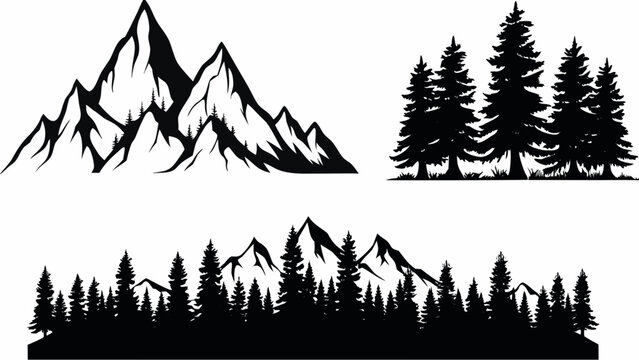 Mountain And Evergreen Tree Silhouettes Against A White Background A Graphic Vector Collection alpine aspen backdrop black and white branch