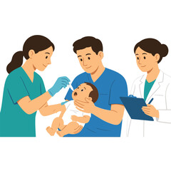 Fototapeta premium Medical professionals giving oral medicine to a baby held by father.