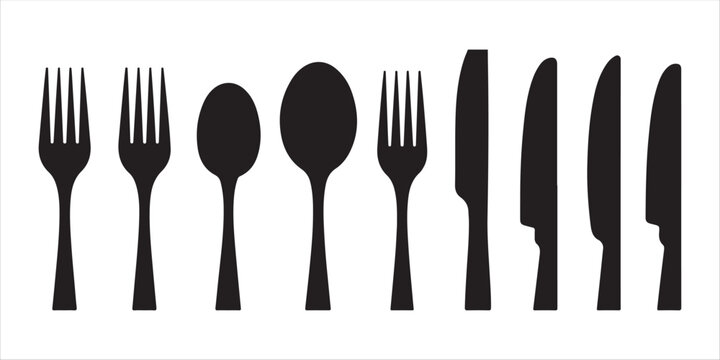 Selection of kitchen utensil silhouettes including forks spoons and knives for culinary restaurant.