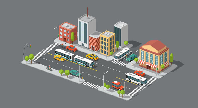 Isometric City Street with Buildings, Cars, Buses, and Trees - Urban Scene