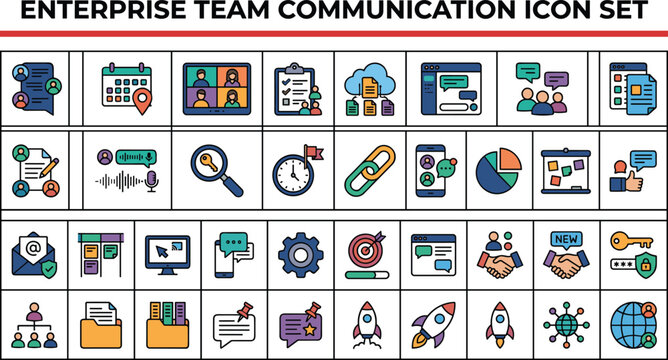 Enterprise team communication icons set for corporate remote collaboration workspace digital business office software startup planning presentation vector