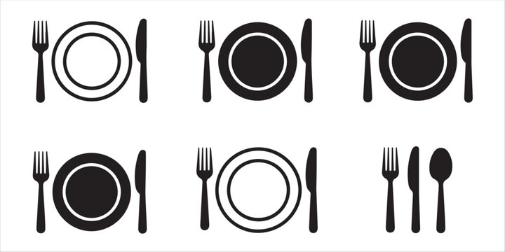 Set of six table setting icons featuring plates forks spoons and knives for restaurant branding.