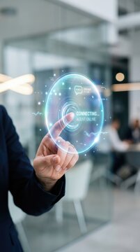 Businesswoman touching virtual interface connecting with AI chatbot assistant. Digital customer service automation. Innovative cloud technology and online support communication concept.