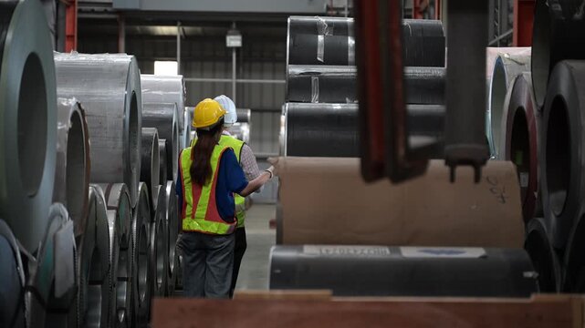 Professional industrial engineer wearing safety helmet and uniform walking down the aisle of heavy sheet metal rolls during a routine quality control check in a factory warehouse.