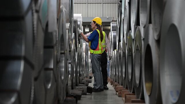 Professional industrial engineer wearing safety helmet and uniform checking rows of massive sheet metal rolls and managing inventory logistics inside a heavy steel factory plant.