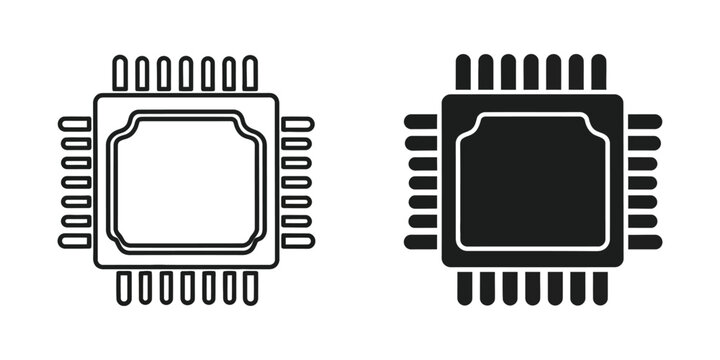Central processing unit cpu chip set in outline and solid black style for computer hardware and processor
