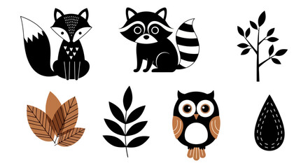 Fototapeta premium Cute Woodland Animal Illustrations Set Featuring Fox Raccoon Owl and Forest Leaves.