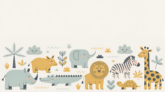 Playful safari animals border with palm tree and clouds in soft pastel colors