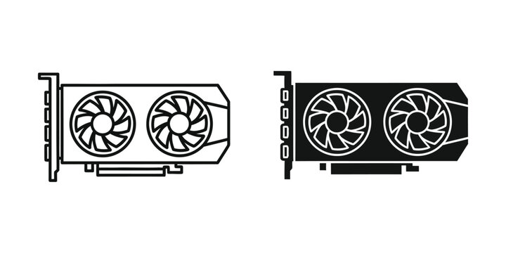Dual fan card set in outline and solid black style for computer hardware and gaming pc components