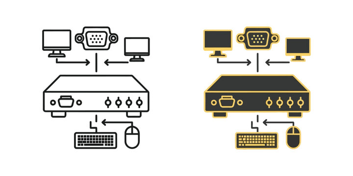 Kvm switch diagram set featuring outline and solid black for computer peripheral connectivity keyboard
