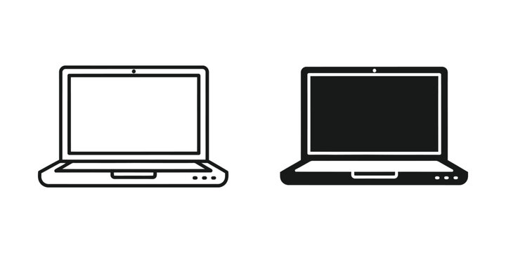 Laptop computer device set with screen and keyboard layout in outline and solid black minimalist style