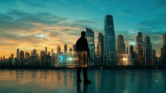 Futuristic city skyline digital hologram interface technology man silhouette urban sunset neon reflection modern architecture smart building innovation concept dramatic sky glow