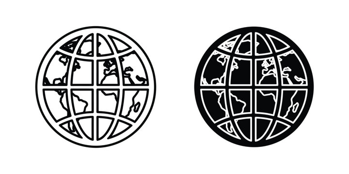 Simple globe with latitude and longitude grid lines in black outline and solid black variations earth