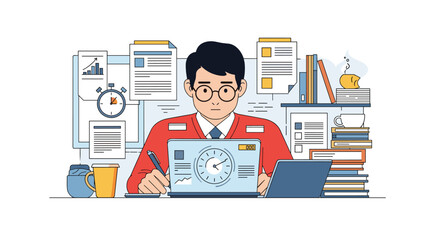 Fototapeta premium Busy student works at a desk surrounded by tall stacks of books, documents, and time management icons on white background.