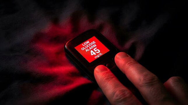 Digital glucose monitor receiver displaying low blood sugar alarm in dark bedroom, nocturnal hypoglycemia alert