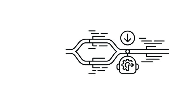 A line art icon representing a split pipeline process with a gear and arrow symbol.