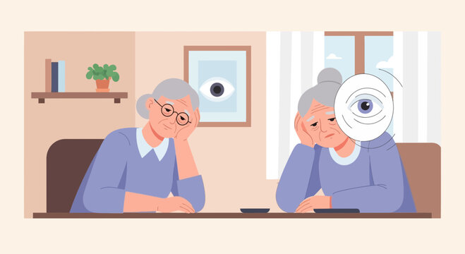 Elderly women, bored, waiting, with watchful eye motif