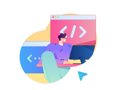 Programming teaching development flat character vector concept operation hand drawn illustration

