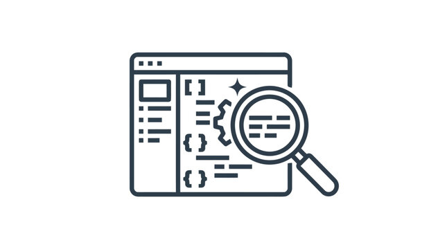 A minimalist line art icon representing software code analysis and debugging.
