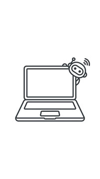 A simple line art illustration of a laptop computer with a small friendly robot peeking from behind the screen.