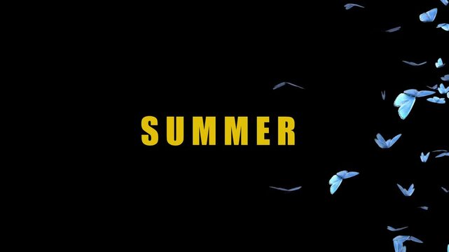 The word Summer with blue flying butterflies.