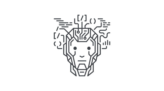 Minimalist line art illustration of a robotic head with digital circuit patterns and programming code symbols.