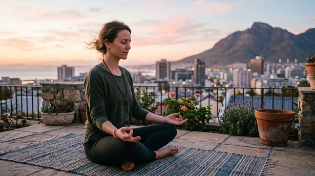 Woman meditating on a rooftop terrace overlooking a city at sunset
