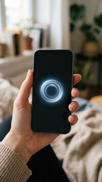 Woman holding smartphone with glowing artificial intelligence interface. Digital voice assistant app on screen. Modern technology for mobile communication, automation and neural network interaction.