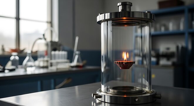 Traditional clay oil lamp burning inside a vacuum chamber in laboratory
