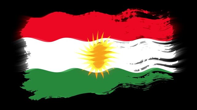 Waving torn Kurdistan flag grunge brush burn light leaks, transparent background alpha channel loop full HD