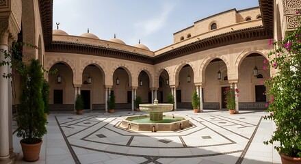 Fototapeta premium Traditional courtyard with fountain in a historic moroccan building