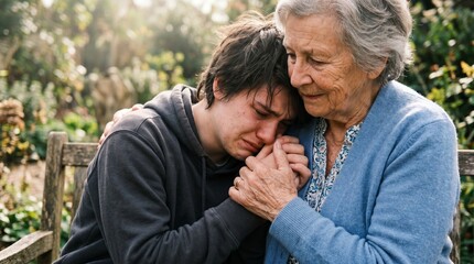 Fototapeta premium Grandmother comforts crying grandson on a park bench, offering support and empathy