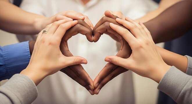 Diverse group of people making a heart shape with their hands together