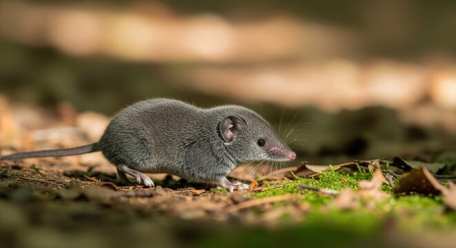 Small shrew mouse walking on forest floor with dappled sunlight.