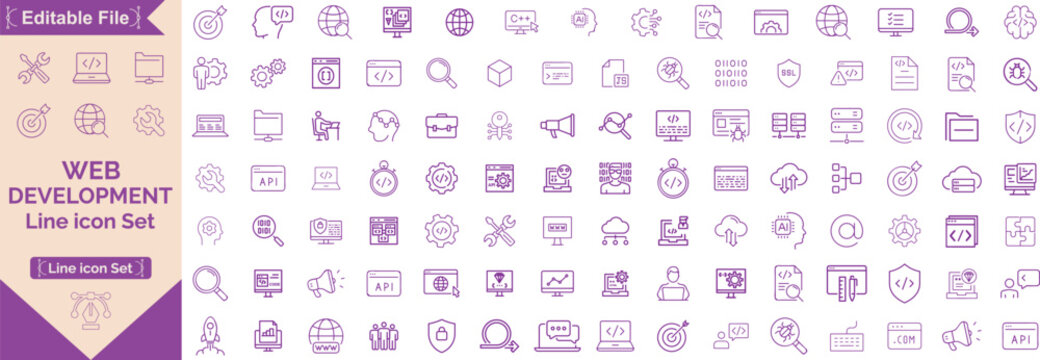 Web development set of web icons in line style. Developer icons for web and mobile app. Code, API, programmer coding, app, flow, node connect, web coder, bug fix and more. Vector illustration