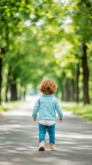 Fototapeta premium Young Toddler With Curly Blonde Hair Walking Alone Down Sun-Drenched Tree-Lined Path in Lush Park During Bright and Peaceful Spring or Summer Afternoon Outdoors