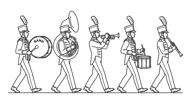 Detailed vector illustration of a marching band performing with various musical instruments in uniform attire