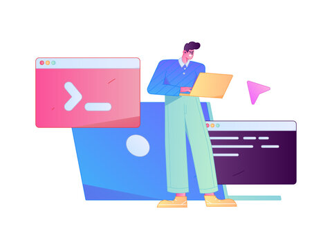 Programming teaching development flat character vector concept operation hand drawn illustration
