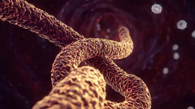 Microscopic 3D rendering of a single FILOVIRUS virion emerging from darkness inside a dark biological vein, medical visualization of viral structure
