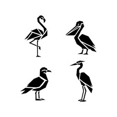 Obraz premium Flamingo, pelican, seagull, and heron minimalist geometric bird vector set
